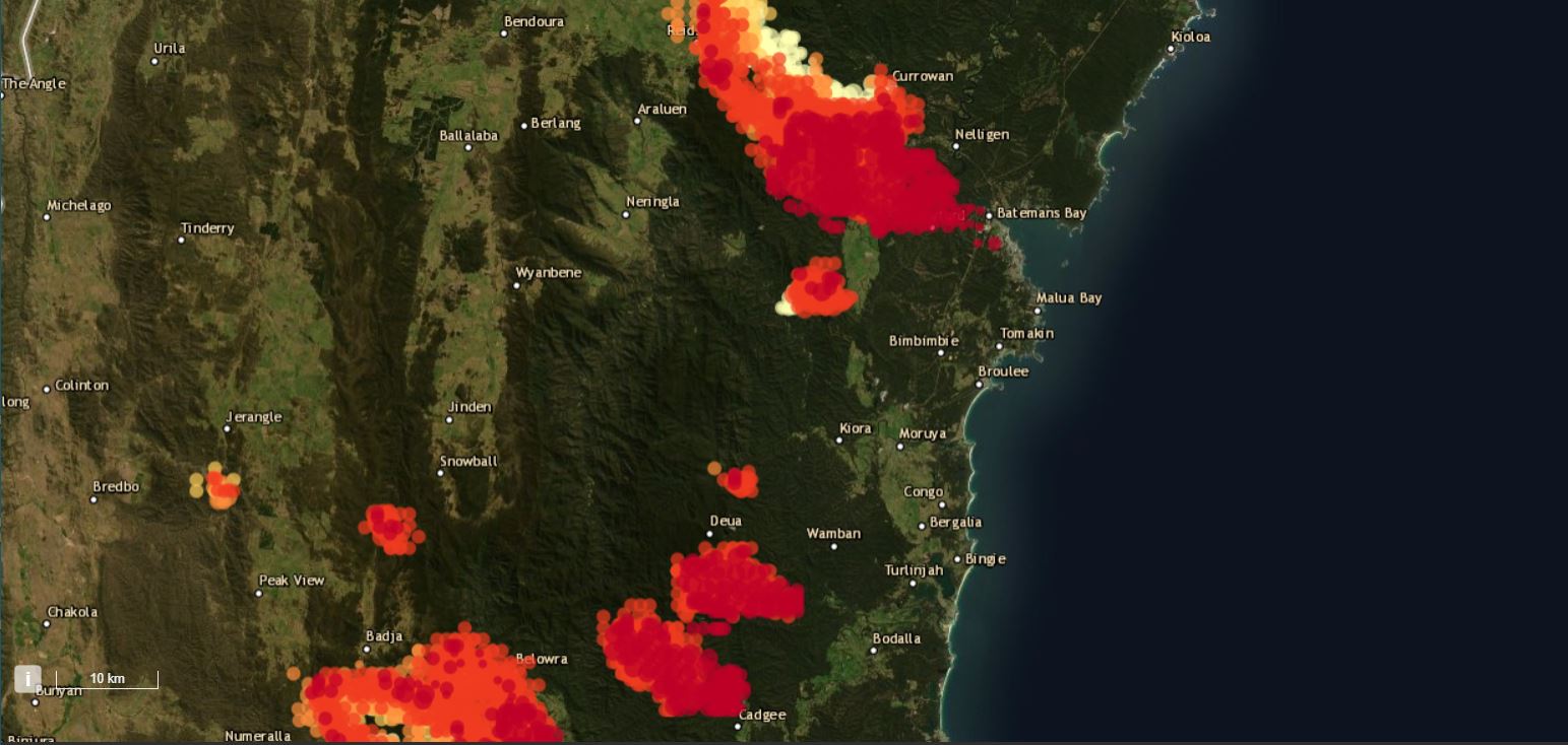 Bushfire Hotspots in SE NSW Region Dec 31 2019